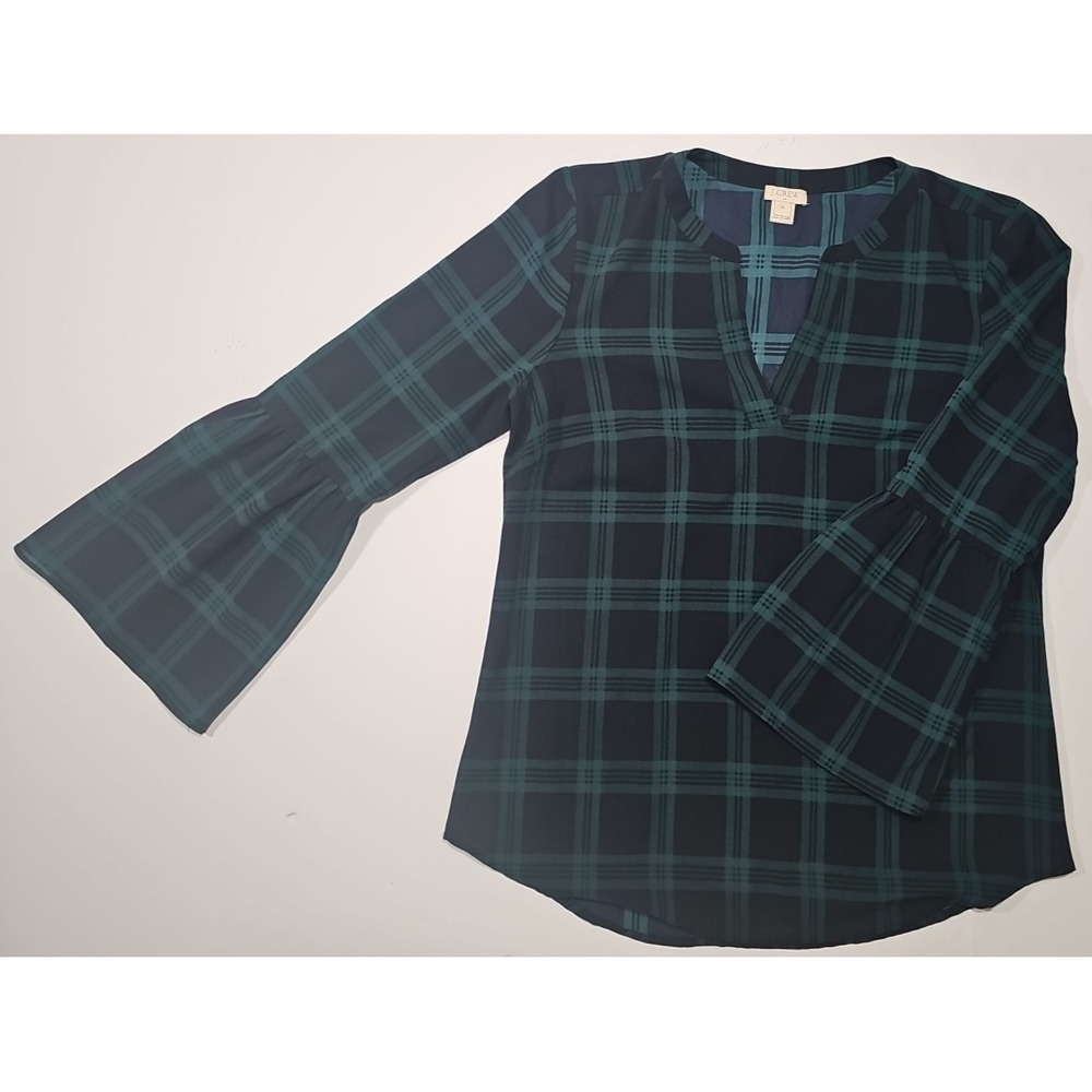 J. Crew Factory Women's Bell Sleeve Green Tartan Plaid V-Neck Blouse XS